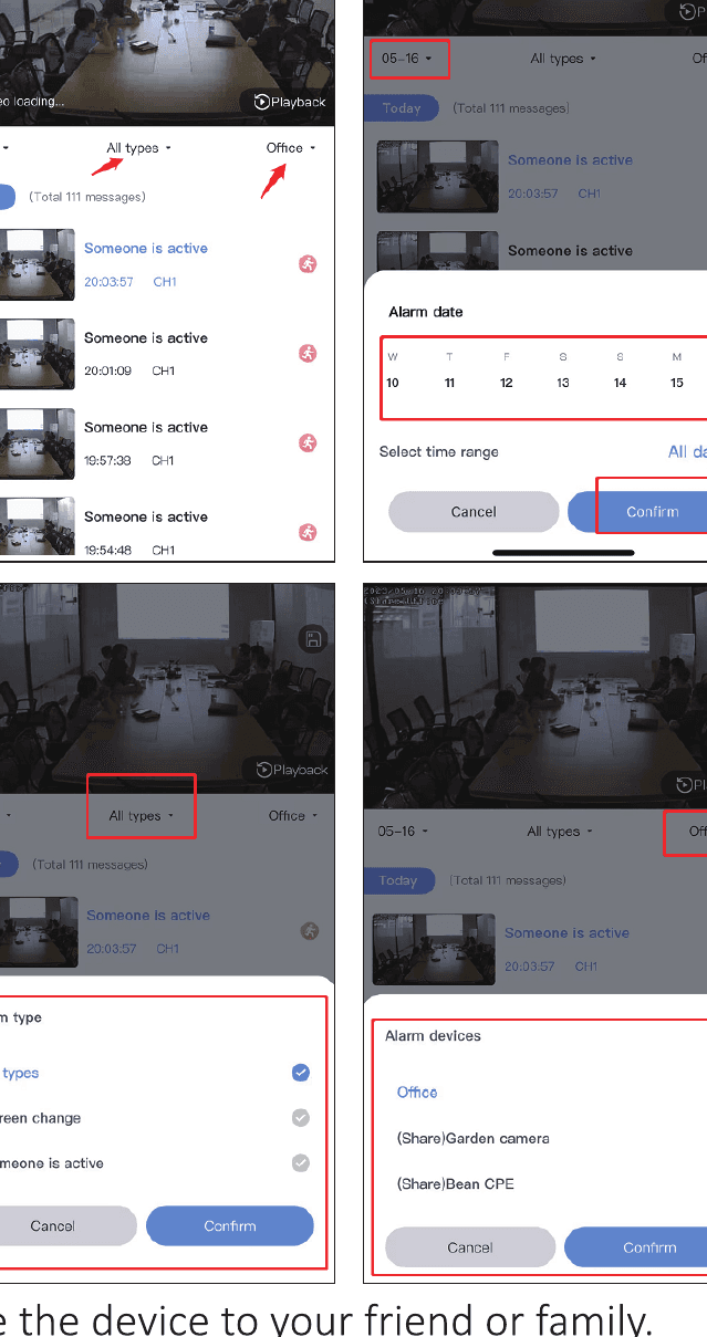 Alarm mesajı listesi, alarm tarihi ve zaman aralığı seçimi ve paylaşım izni ayarları