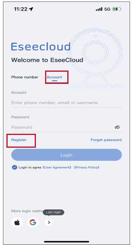 EseeCloud oturum açma ve kayıt ekranı