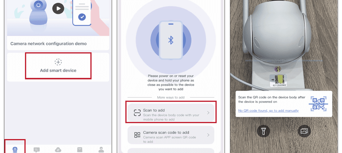 Kamerayı EseeCloud uygulamasına ekleme — cihaz ekle, tarayarak ekle ve kamera gövdesindeki QR kodunu tara