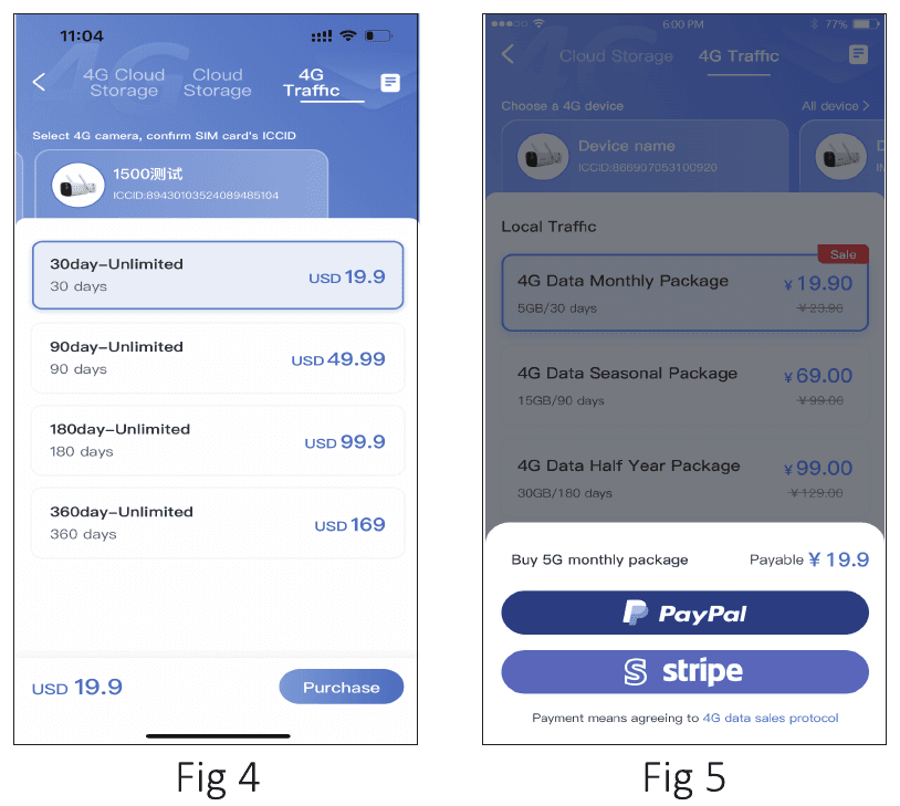 Şekil 4 ve 5 — veri paketini seçme ve ödeme yöntemini seçme (PayPal veya Stripe)