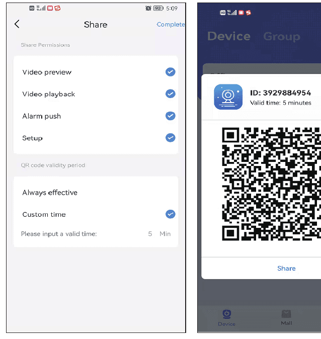 Paylaşım izinleri ekranı ve oluşturulan paylaşım QR kodu
