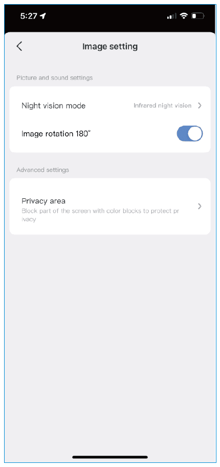 Tela de configuração de imagem com modo de visão noturna e rotação da imagem