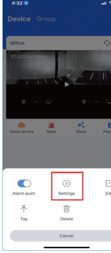 Menu do dispositivo com Notificação de alarme, Configurações, Editar, Fixar e Excluir