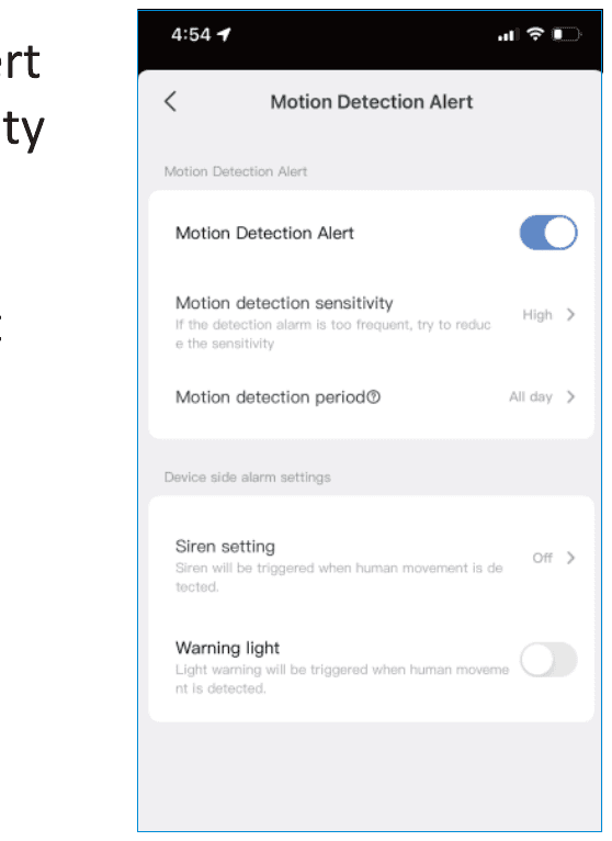 Tela de configurações do Alerta de Detecção de Movimento