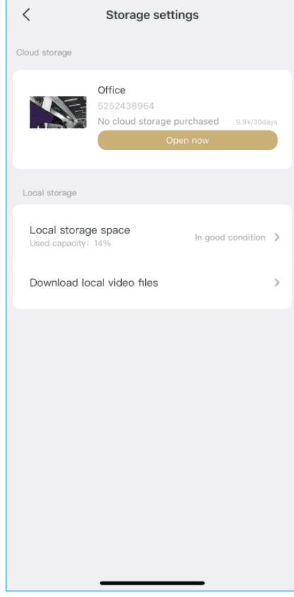 Tela de configurações de armazenamento com armazenamento em nuvem e armazenamento local