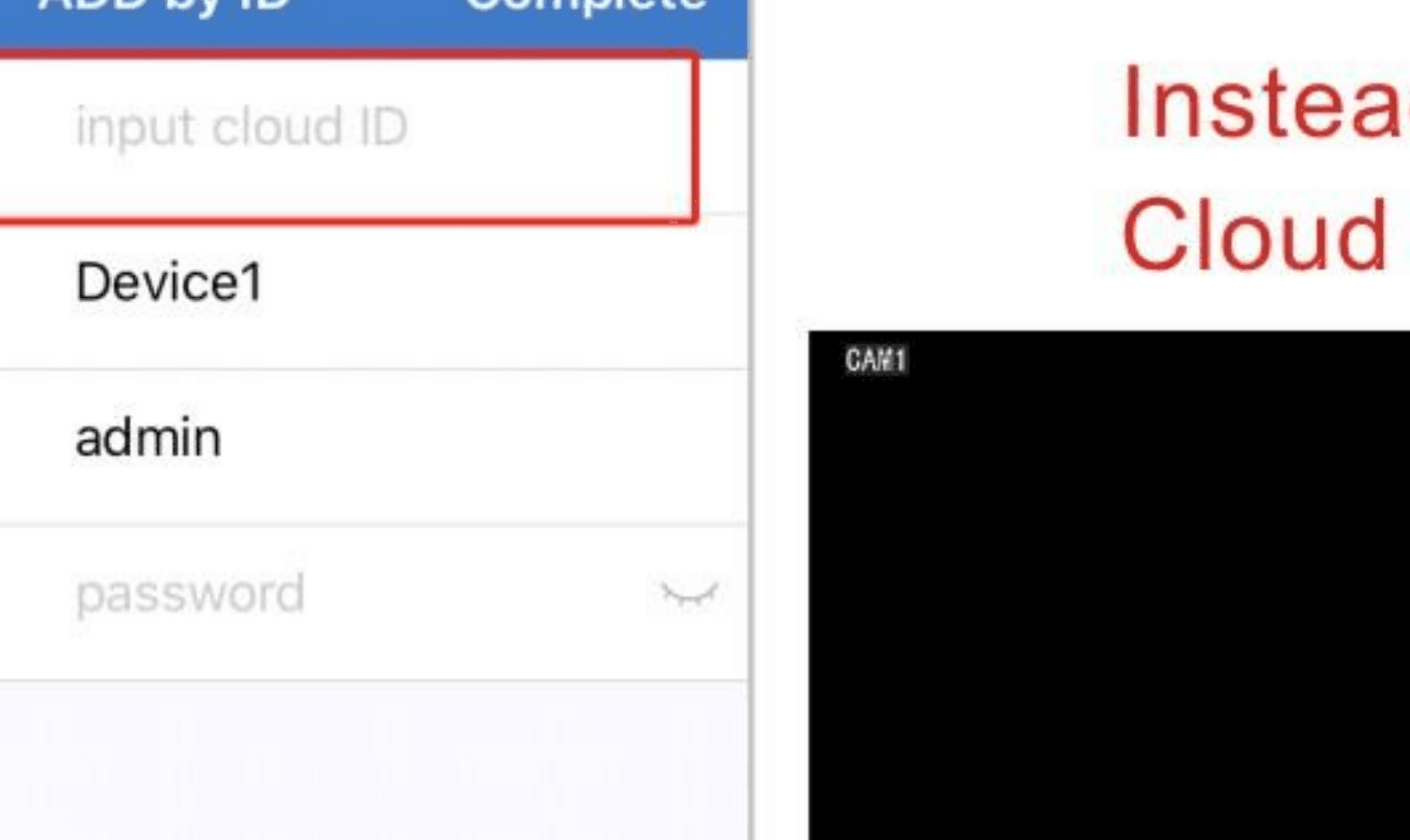 Màn hình Thêm bằng ID của ứng dụng với các ô Cloud ID, Tên thiết bị, Tên người dùng và Mật khẩu