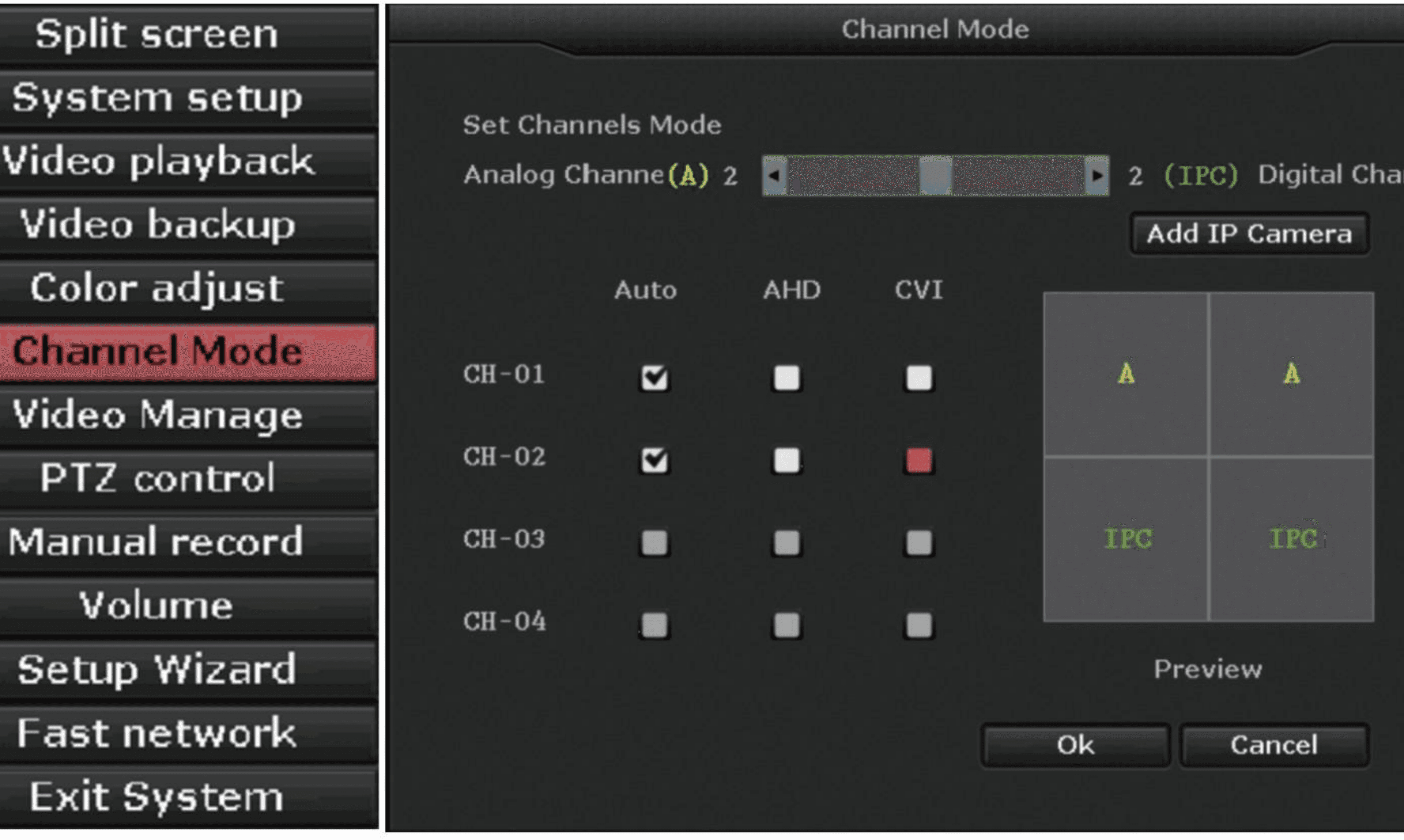 Màn hình Channel Mode với Analog/AHD/CVI cho từng kênh và Add IP Camera