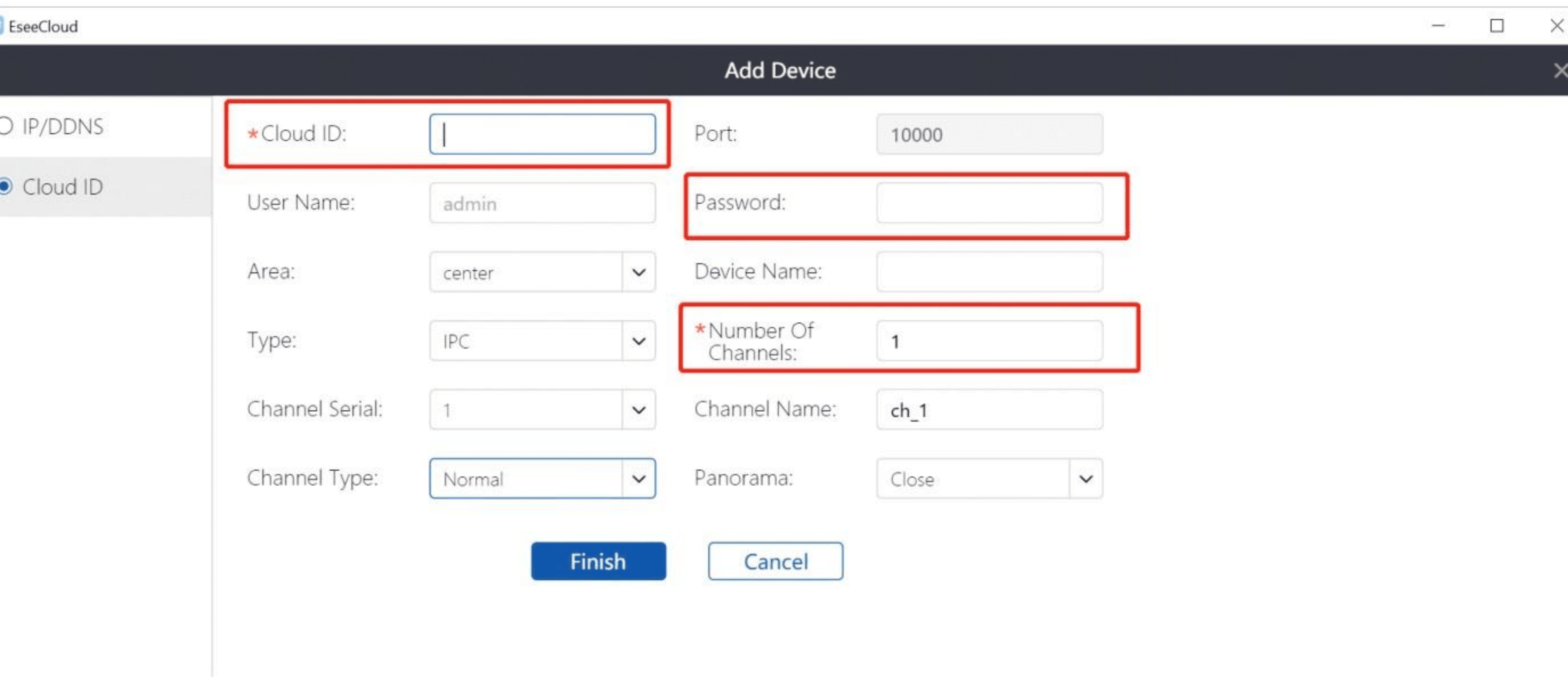 Hộp thoại Thêm thiết bị của CMS với Cloud ID, Password và Number Of Channels được làm nổi bật
