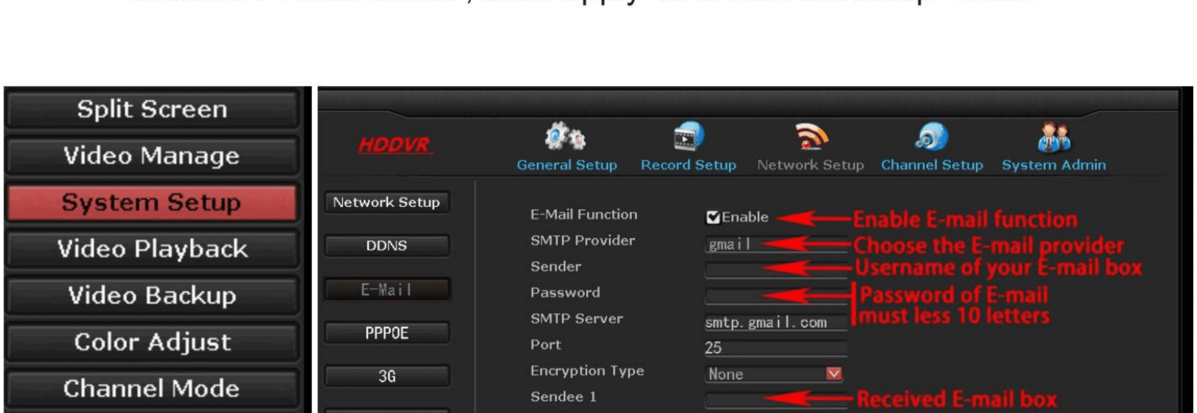Màn hình thiết lập E-Mail của đầu ghi DVR với các ô E-Mail Function, SMTP Provider, Sender, Password và Sendee