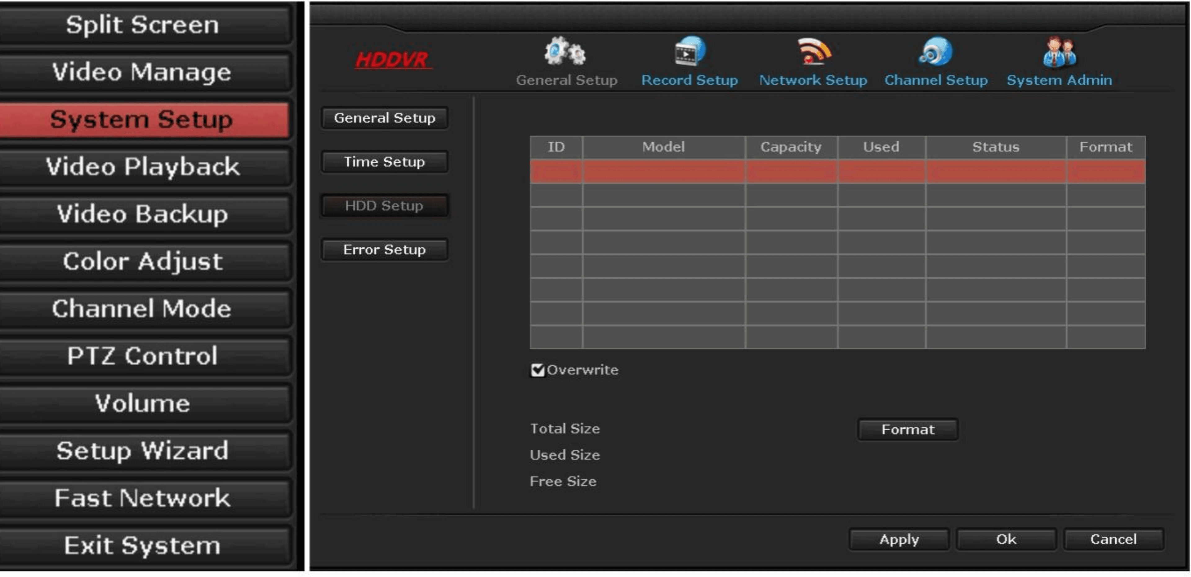 Màn hình HDD Setup với Overwrite, Total Size, Used Size, Free Size và nút Format