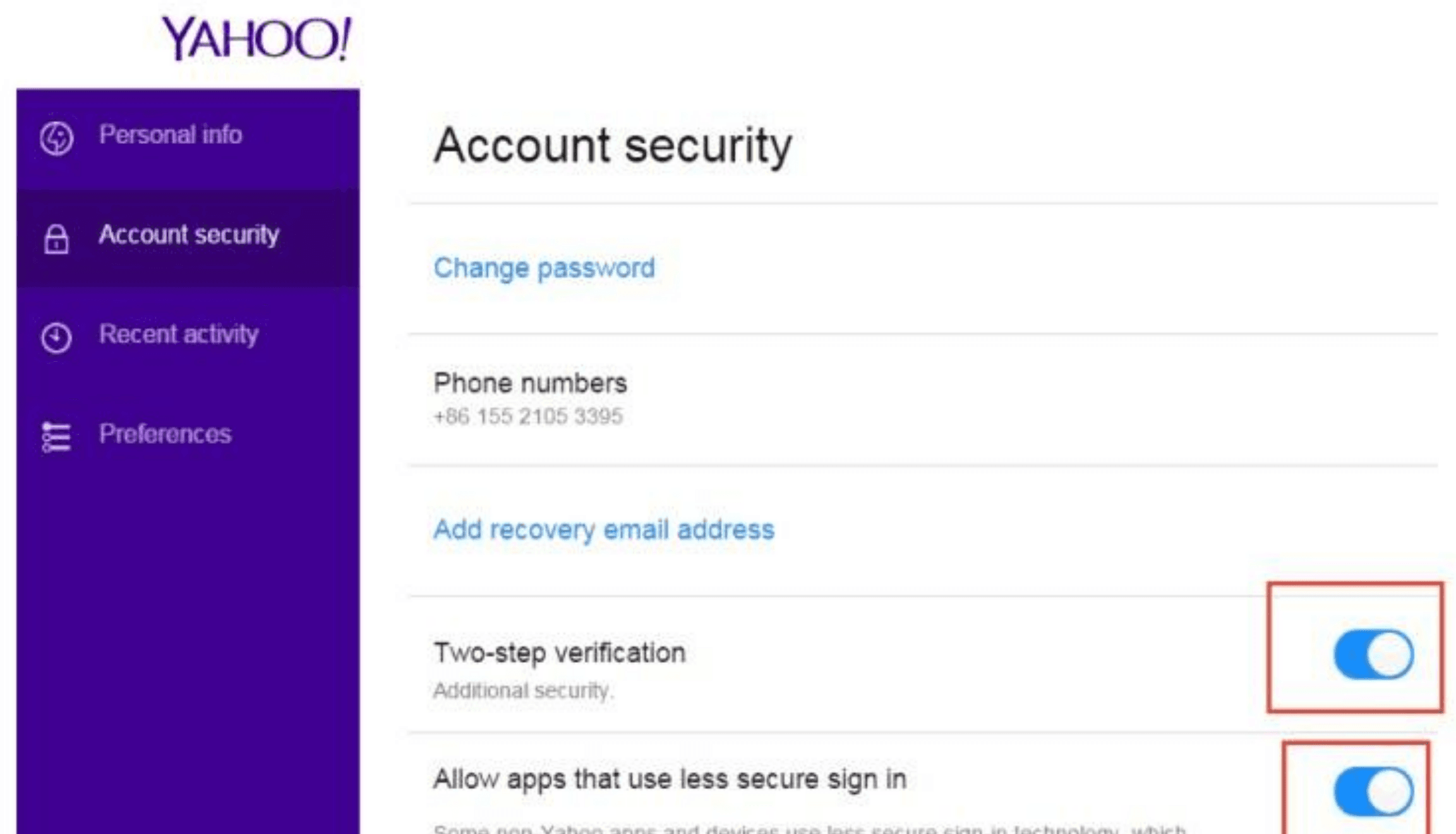 Trang bảo mật tài khoản Yahoo với các công tắc Two-step verification và Allow apps that use less secure sign in