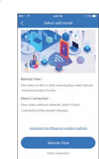 Obrazovka výběru režimu přidání s možnostmi Remote View a Direct Connection