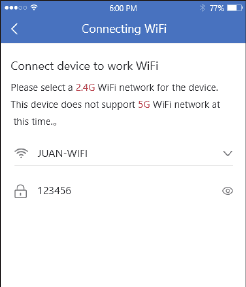 Obrazovka připojení WiFi — vyberte síť WiFi 2.4G a zadejte heslo