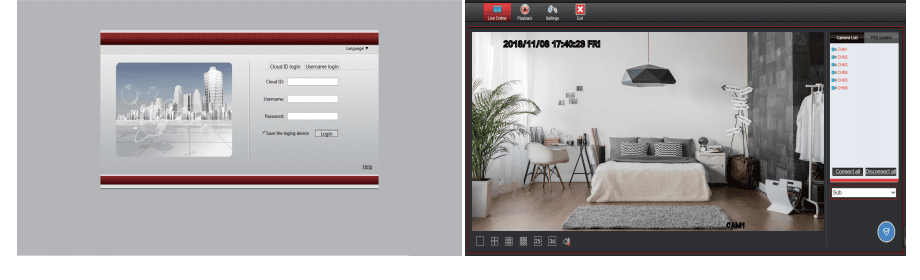 Anmeldeseite mit Cloud-ID auf e-seenet.com neben der Remote-Live-Ansicht