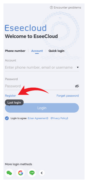 サードパーティログイン方法を備えた EseeCloud のログイン・登録画面