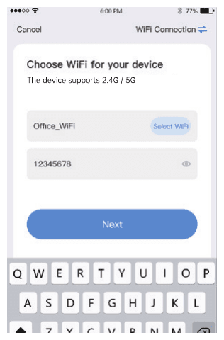 キーボードでデバイス用の WiFi を選択しパスワードを入力する画面