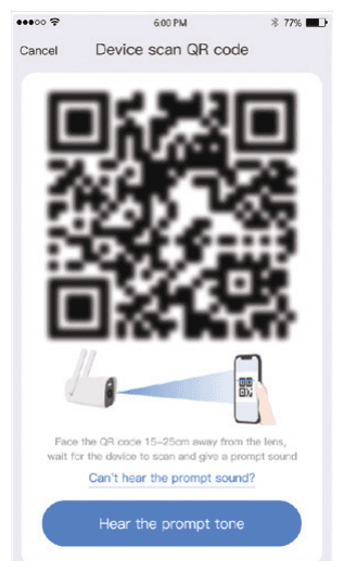 カメラがスキャンする様子のイラスト付きデバイス QR コードスキャン画面