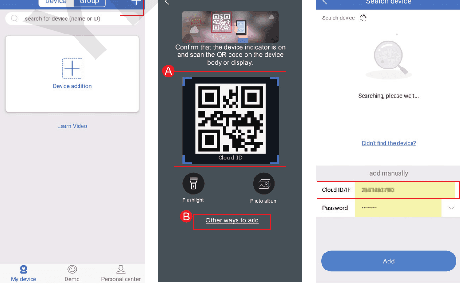 Aggiunta di un dispositivo nell'app, scansione del QR code del Cloud ID e aggiunta manuale con Cloud ID/IP e password