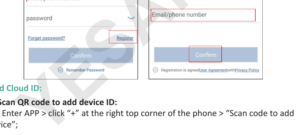 Schermate di accesso e registrazione dell'app con email o numero di telefono e password