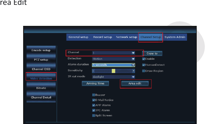 Pagina Rilevamento video di Configurazione canale dell'NVR con canale, rilevamento, HumanDetect e modifica dell'area