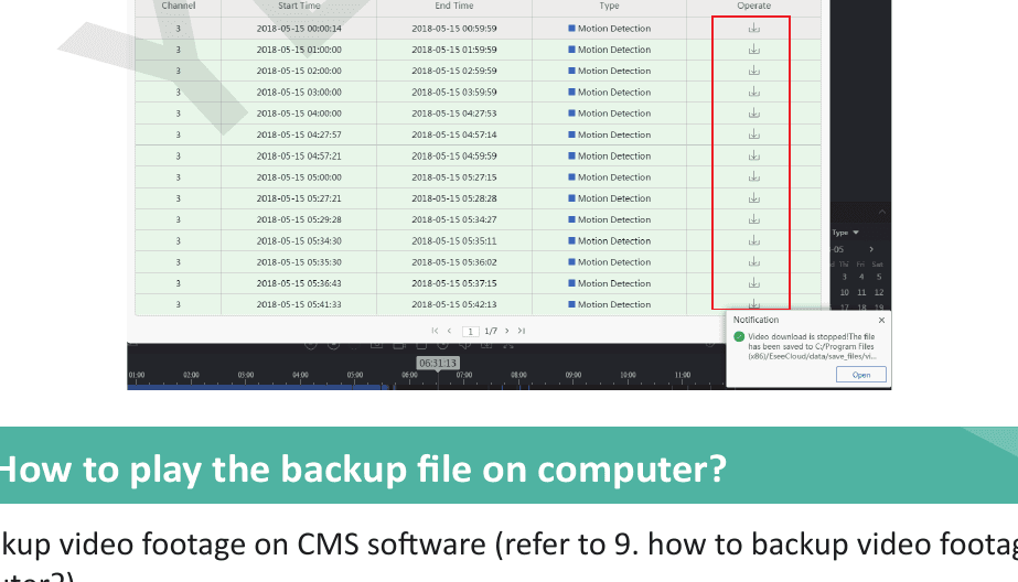 Elenco delle risorse di download del CMS con icone di download e notifica di file salvato