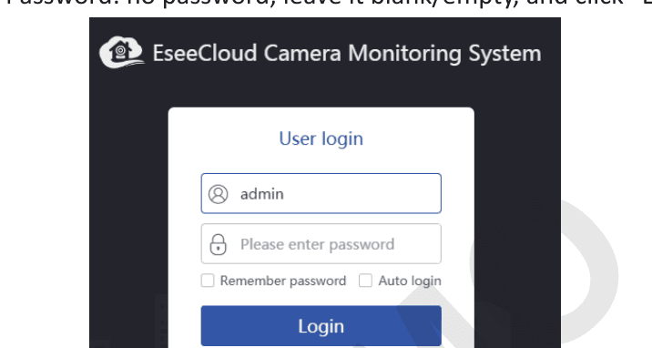 Schermata di accesso utente del sistema di monitoraggio telecamere EseeCloud con admin e password vuota