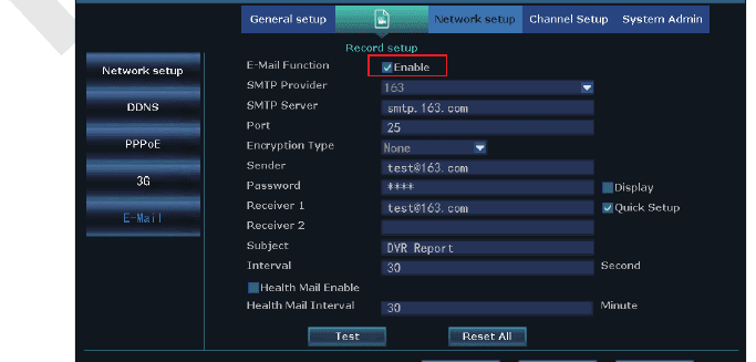 Pagina di configurazione E-Mail dell'NVR con provider SMTP, server, porta, mittente, destinatario e pulsante Test