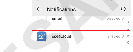 Elenco Notifiche del sistema del telefono che mostra le notifiche EseeCloud abilitate