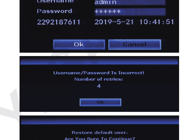 Finestra di accesso errato che mostra User Name Password is incorrect e il numero di tentativi