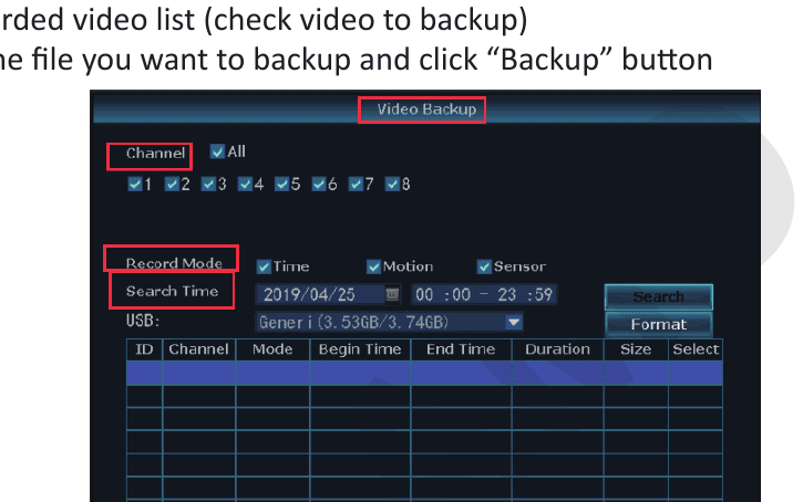 Finestra Backup video dell'NVR con selezione del canale e pulsante Backup