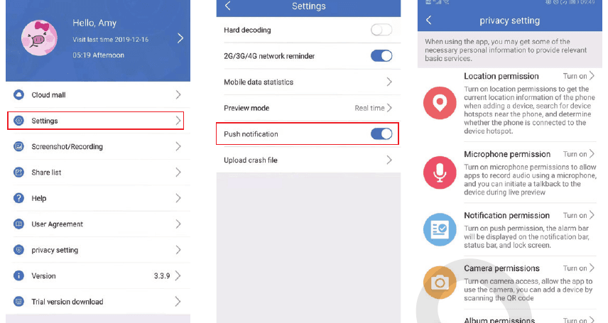 Interruttore di notifica push nelle Impostazioni dell'app del telefono e autorizzazioni delle impostazioni privacy