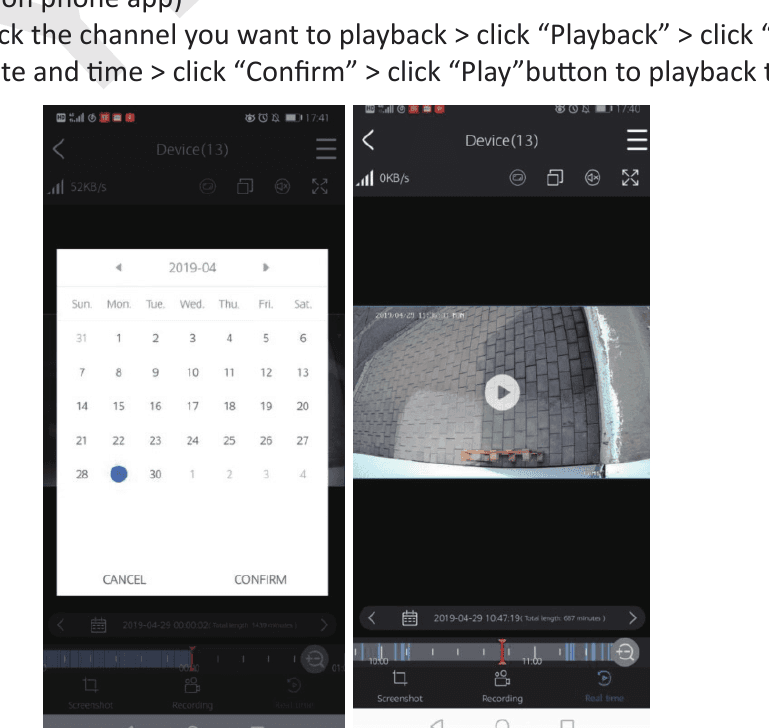 Riproduzione nell'app del telefono con selettore di data a calendario e pulsante di riproduzione
