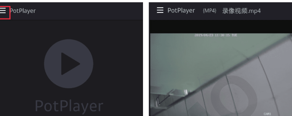 PotPlayer con il pulsante del menu principale evidenziato durante la riproduzione di un video di backup