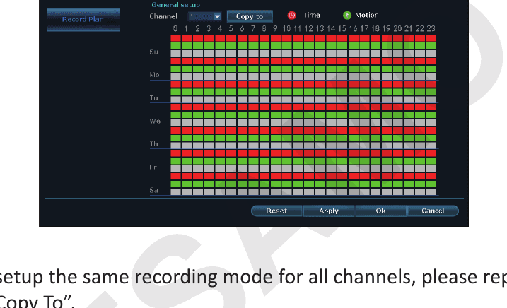 Griglia di programmazione del Piano di registrazione dell'NVR con i canali Orario e Movimento per la settimana