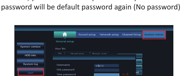 Finestra Restore default user e interfaccia per impostare la nuova password