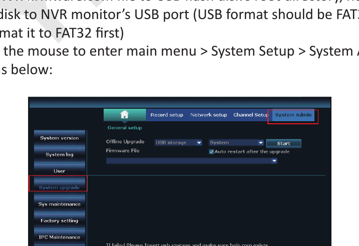 Pannello Aggiornamento sistema di Amministrazione sistema con Aggiornamento offline da memoria USB, File firmware e opzione di riavvio automatico dopo l'aggiornamento