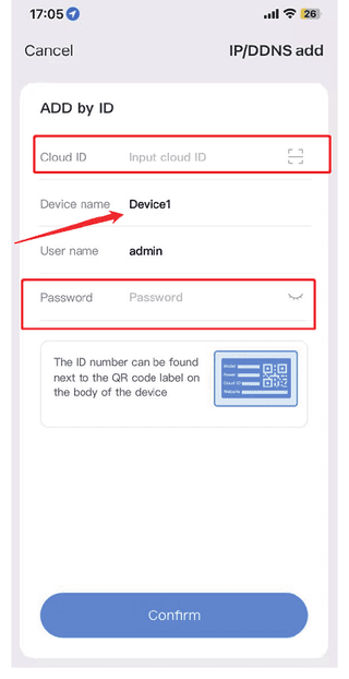 מסך הוספת התקן לפי Cloud ID