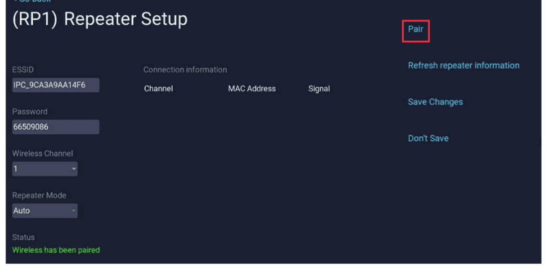 מסך RP1 Repeater Setup עם לחצן Pair