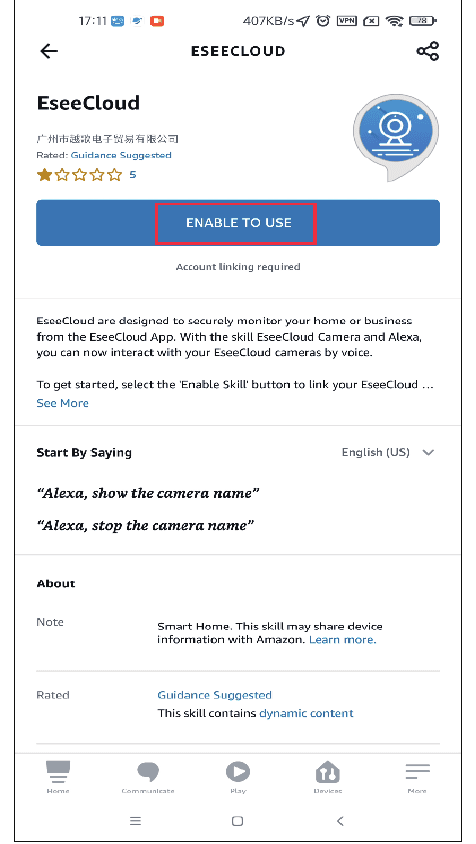 EseeCloud Alexa-skill med Enable to Use-knapp