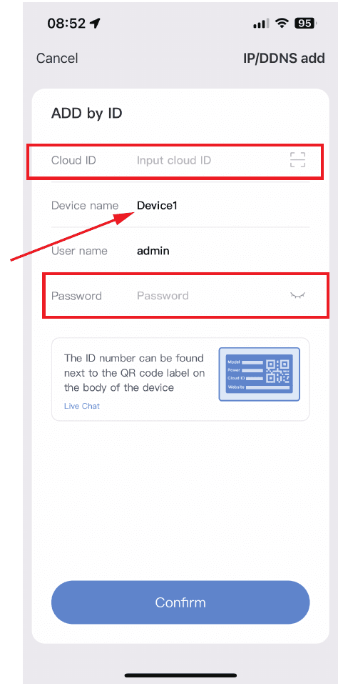 Skjerm for å legge til via ID — skriv inn Cloud ID og passord