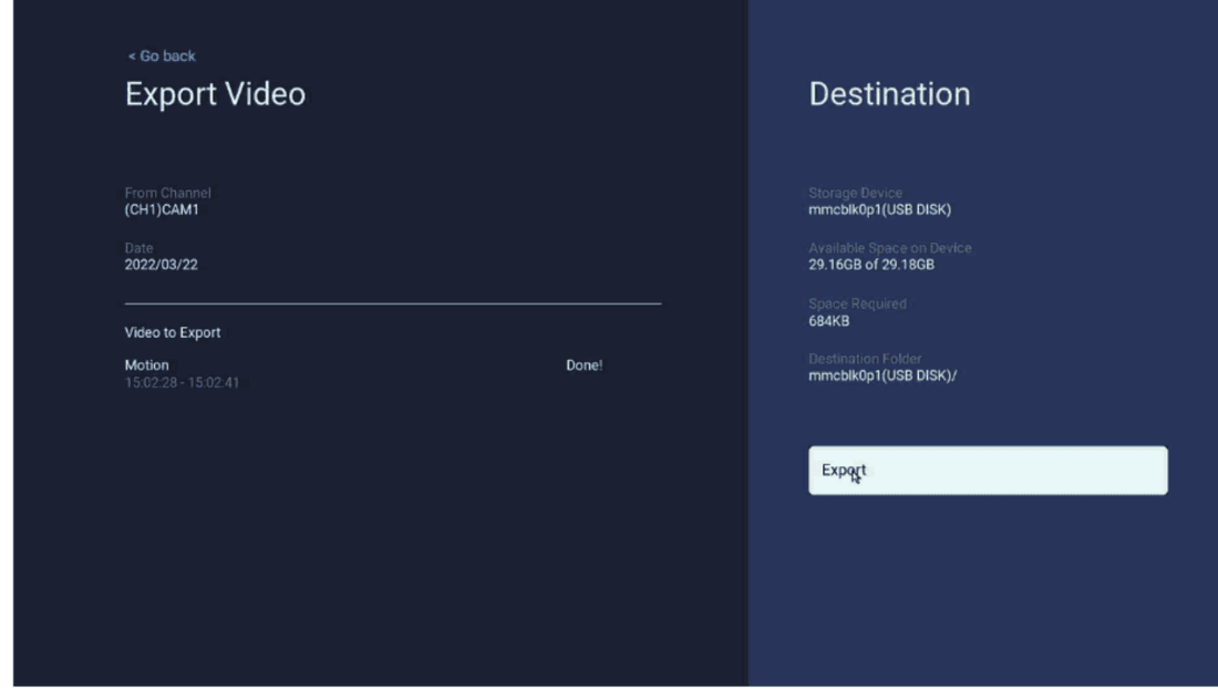 Skjerm for eksport av video med USB-disk som mål