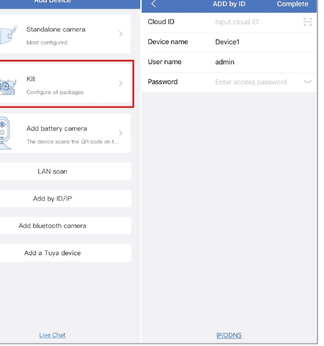 App-Bildschirme „Kit auswählen“ und „Per ID hinzufügen“
