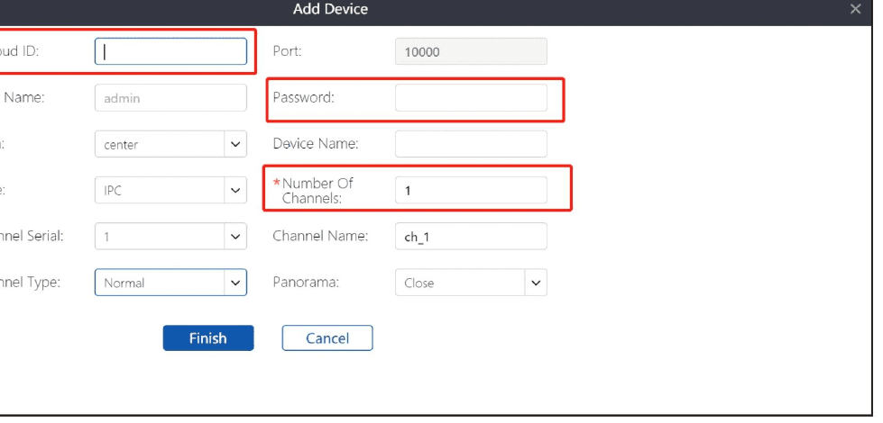 EseeCloud CMS Dialog Add Device mit Cloud-ID, Passwort und Anzahl der Kanäle