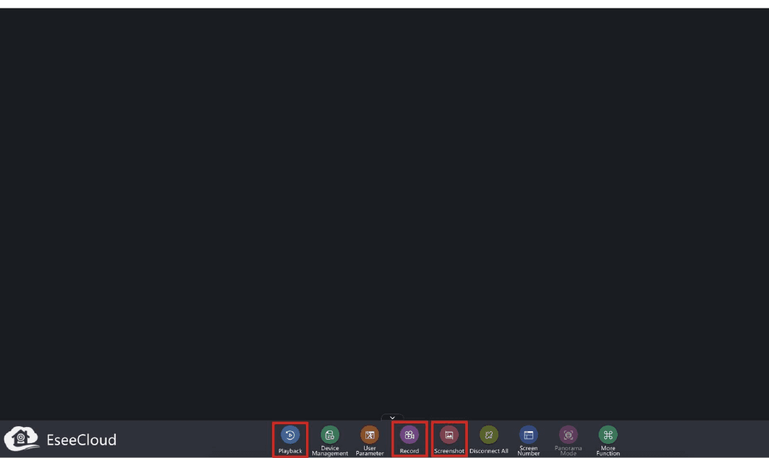 EseeCloud CMS Symbolleiste mit hervorgehobenen Funktionen Playback, Record und Screenshot