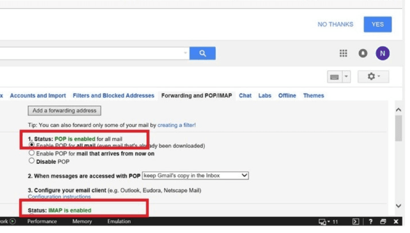 Gmail-Seite mit Weiterleitungs- und POP/IMAP-Einstellungen mit aktiviertem POP und IMAP