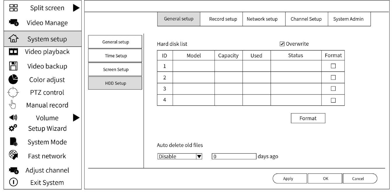 NVR-Bildschirm HDD Setup mit Festplattenliste und Schaltfläche Format