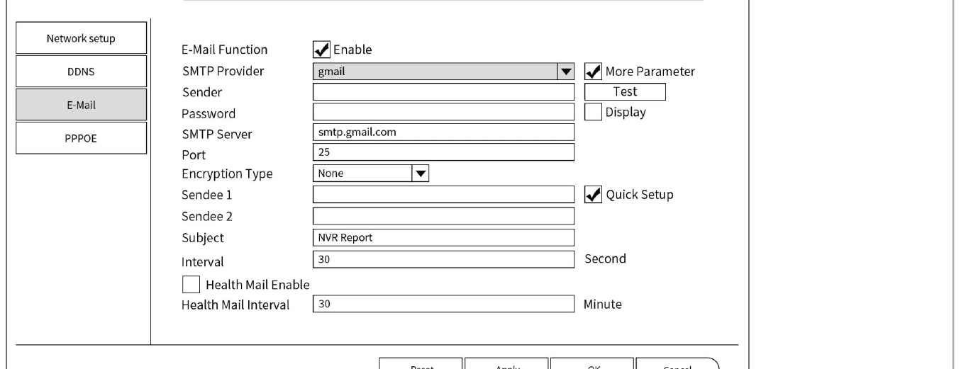 NVR-Bildschirm E-Mail-Einrichtung mit SMTP-Anbieter, Server und Empfängerfeldern