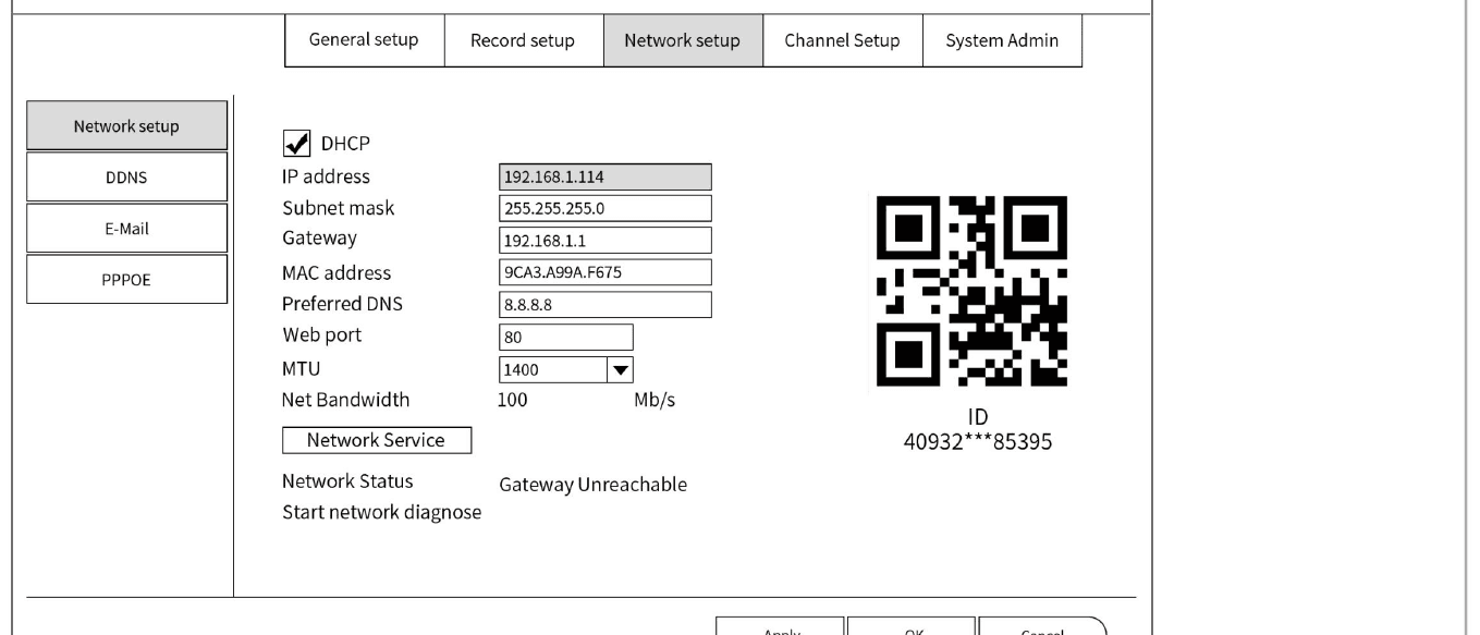 NVR-Bildschirm Network Setup mit IP, DHCP, Ports und dem Cloud-ID-QR-Code
