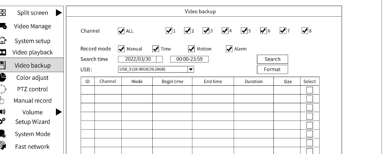 Bildschirm Video Backup mit Kanal, Aufnahmemodus, Suchzeit und USB-Liste