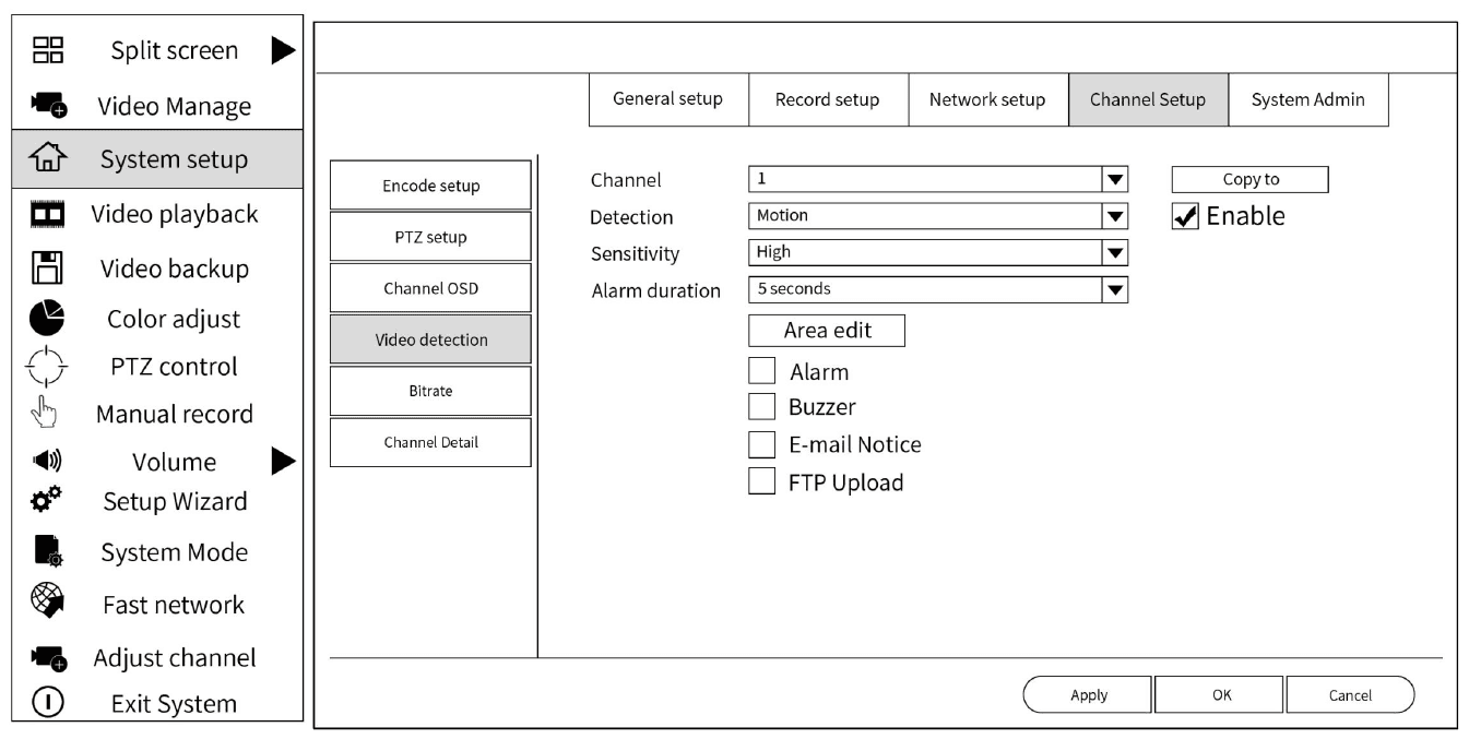 Bildschirm Channel Setup Video Detection mit Motion, Alarm, Buzzer, E-Mail Notice und FTP Upload